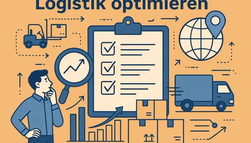 Mann plant die Optimierung von warehousing and logistics. Gabelstapler, LKW, Pakete, Checkliste und Diagramme symbolisieren Effizienzsteigerung.