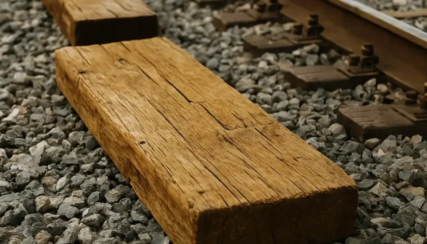 Stare, drewniane podkłady kolejowe czekają na utylizację. Widać szuter i fragmenty torów.