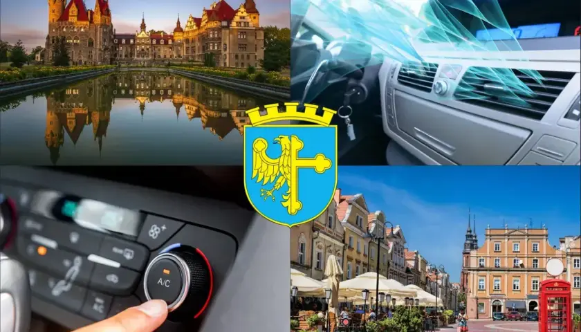 Kolaż: zamek, wnętrze samochodu z klimatyzacją, herb Opola, rynek miejski.
