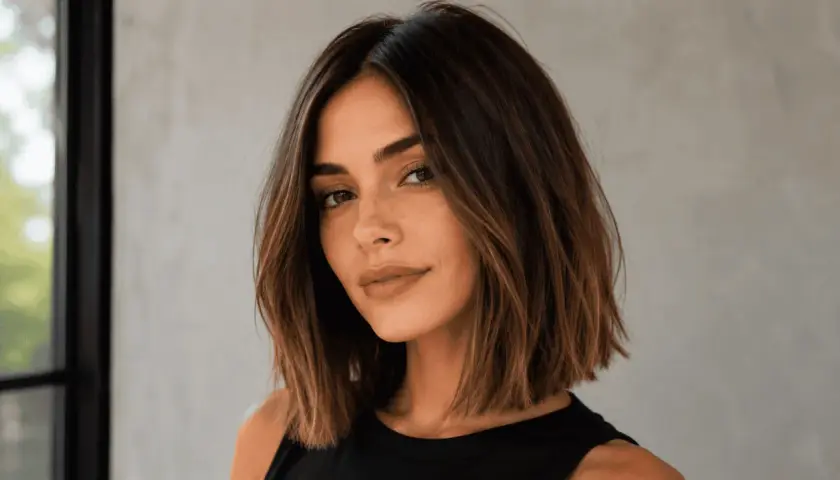 Mujer con un elegante corte long bob, cabello castaño con reflejos sutiles, mirada serena y labios pintados en tono nude.