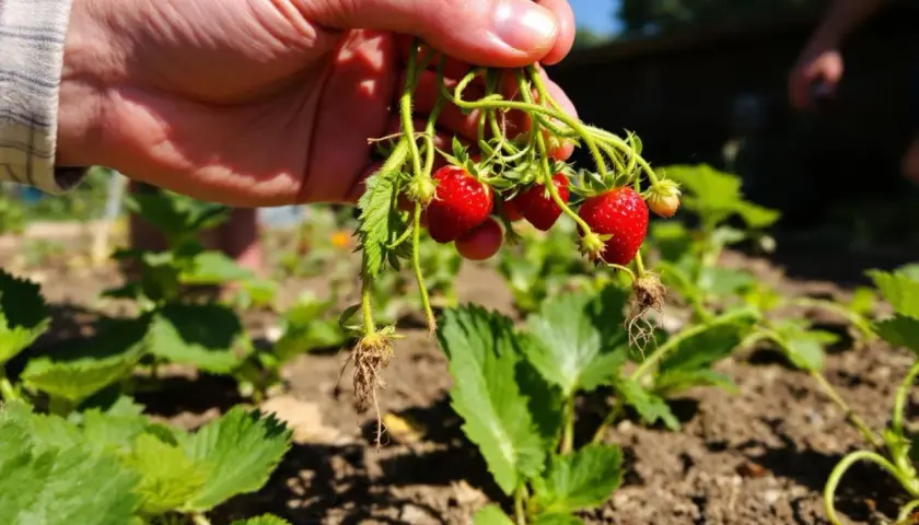 Main d'une personne tenant un bouquet de fraises fraîchement cueillies. L'arrosage fraise est essentiel pour obtenir de beaux fruits.