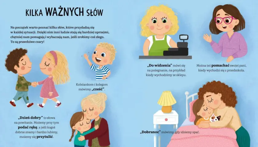 Ilustracja przedstawia dzieci uczące się dobrych manier: witające się, żegnające, przytulające się i mówiące dobranoc.