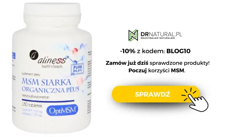 Suplement diety Aliness MSM Siarka Organiczna Plus, 180 tabletek. Poczuj korzyści MSM dla zdrowia i urody.