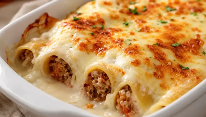 Canelones de carne gratinados con queso derretido y perejil picado, listos para disfrutar.