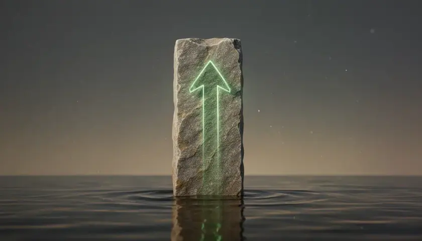 Ein Stein mit leuchtend grünem Pfeil ragt aus ruhigem Wasser. Symbolisiert Wachstum und Stärke, wie bei den Vaneck Morningstar Developed Markets Dividend Leaders.