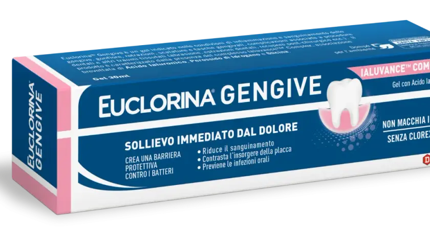 Gel Euclorina Gengive per sollievo immediato dal dolore, crea una barriera protettiva contro i batteri e previene le infezioni orali. Non macchia i denti, senza clorexidina.