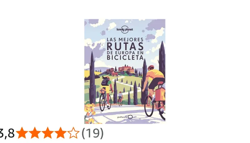 Ilustración de un libro sobre las mejores rutas de **viajes en bicicleta por Europa**, con ciclistas pedaleando por un paisaje toscano.
