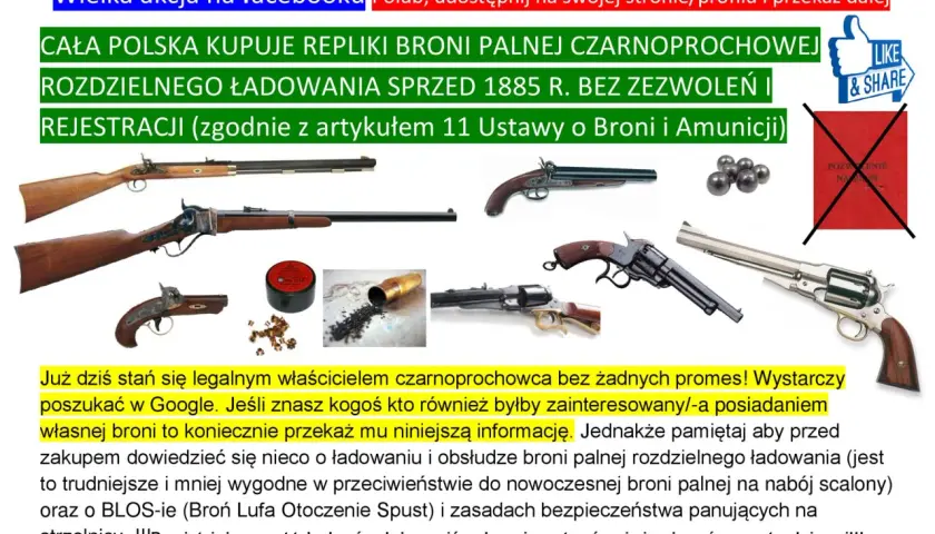 Repliki broni czarnoprochowej rozdzielnego ładowania, które można kupić bez zezwolenia. Pamiętaj o zasadach bezpieczeństwa.