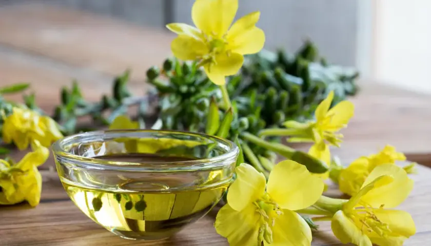 Aceite de onagra en un cuenco de cristal rodeado de flores amarillas, destacando sus beneficios naturales.