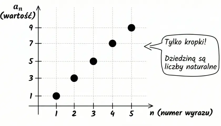 Wykres punktów (1,1), (2,3), (3,5), (4,7), (5,9) ilustruje ciąg zbieżny, gdzie dziedziną są liczby naturalne.