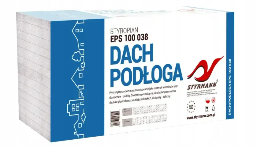 Paczka styropianu 10 Dach/Podłoga EPS 100 038 marki Styrmann, idealna do izolacji termicznej dachów i podłóg, tarasów i balkonów.