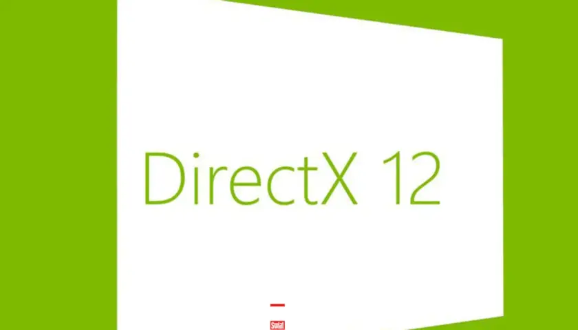 Zielone tło z białym prostokątem, na którym widnieje napis "DirectX 12".