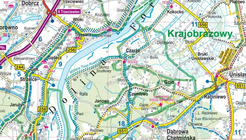 Mapa pokazuje okolice, gdzie są Bory Tucholskie, z zaznaczonymi miejscowościami jak Gądecz, Czarże, Unisław i szlakami rowerowymi.