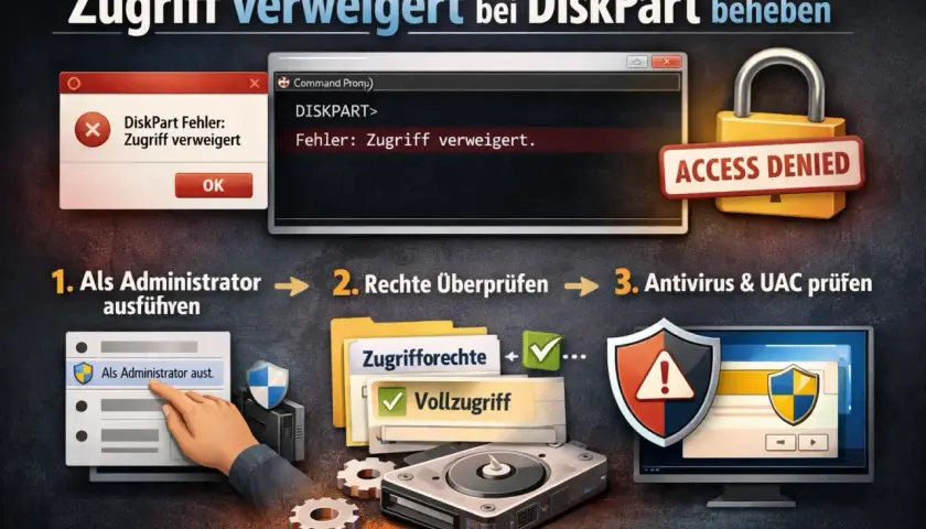 Fehler "DiskPart: Zugriff verweigert" beheben: Als Administrator ausführen, Rechte prüfen, Antivirus & UAC checken.
