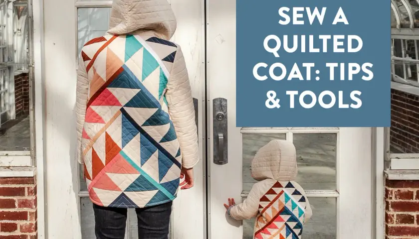 Learn how to make a quilt jacket with this guide. Two people, one adult and one child, wear matching quilted jackets with colorful geometric patterns.