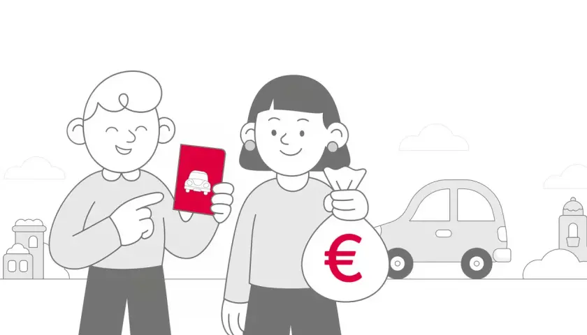 Uomo indica un'app per auto, donna tiene un sacco di soldi con simbolo euro. Un'auto sullo sfondo suggerisce un mini passaggio di proprietà.
