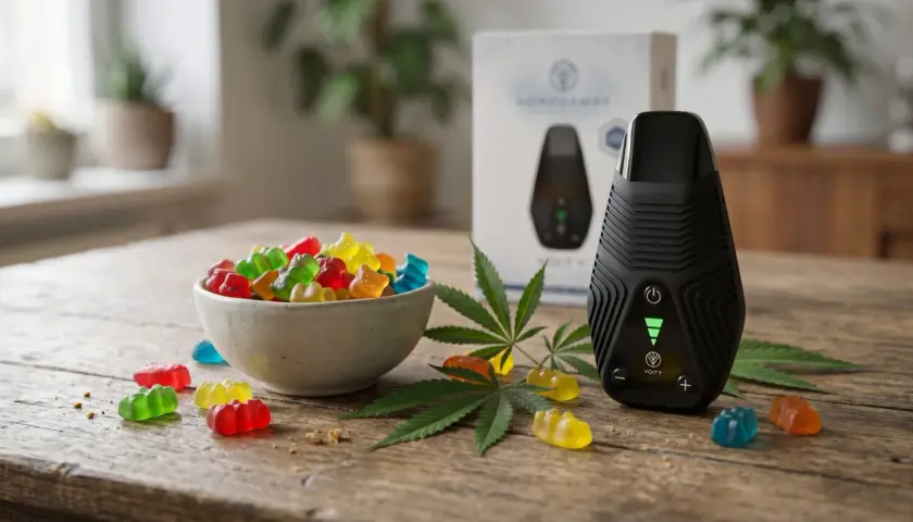 Bunte Hanf Gummibärchen liegen neben einem Vaporizer und Hanfblättern auf einem Holztisch.