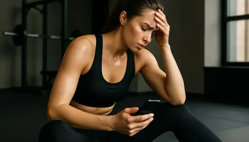 Zmęczona kobieta w siłowni sprawdza telefon, zastanawiając się, ile razy w tygodniu ćwiczyć, by osiągnąć cel.