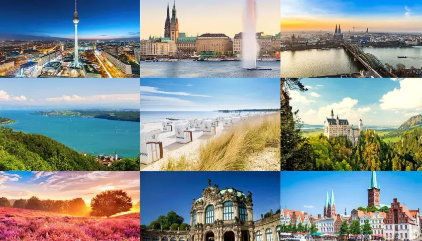 Collage mit besonderen Reisezielen: Berliner Fernsehturm, Hamburger Rathaus, Kölner Dom, Bodensee, Ostseestrand, Schloss Neuschwanstein, Heideblüte, Dresdner Zwinger, Lübeck.
