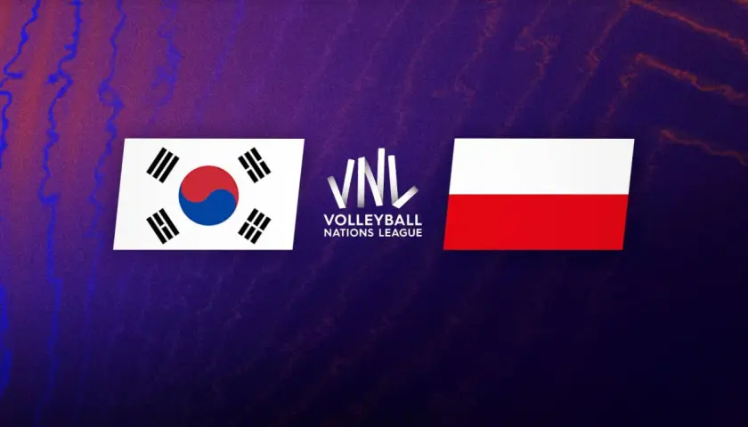 Flaga Korei Południowej i Polski obok logo VNL. Emblematy narodowe symbolizują starcie w siatkarskiej Lidze Narodów.