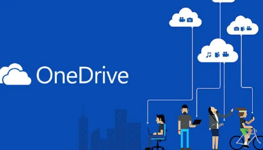 Personas interactuando con la nube de OneDrive, mostrando la copia de seguridad de archivos y datos.
