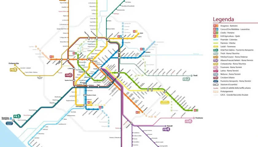 Mappa della metro di Roma con le linee MA, MB, MC, MD, FR1-FR8 e FRO. La metro rossa (MA) collega Anagnina a Battistini.