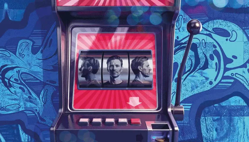 Automat do gier z trzema portretami mężczyzn na bębnach, symbolizujący przegrane życie.