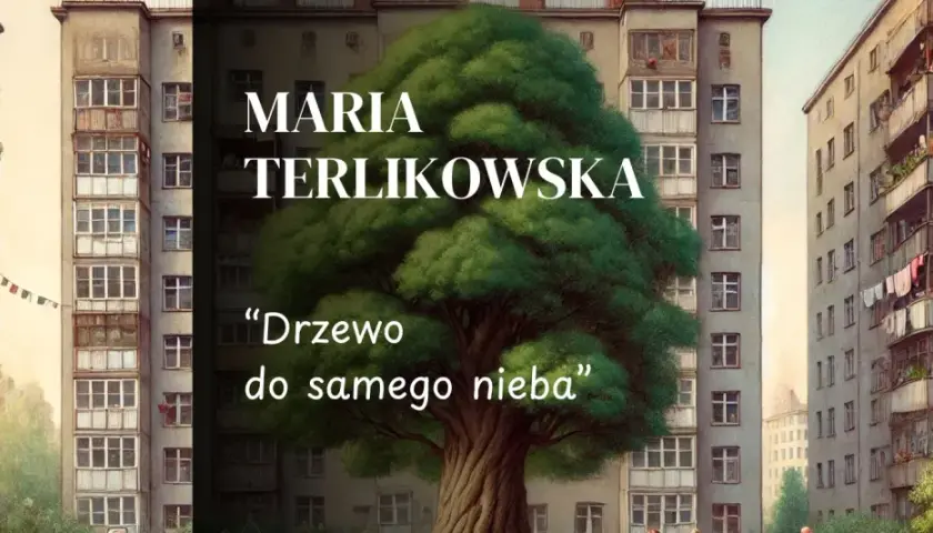 Duże, zielone drzewo wyrasta między blokami mieszkalnymi.