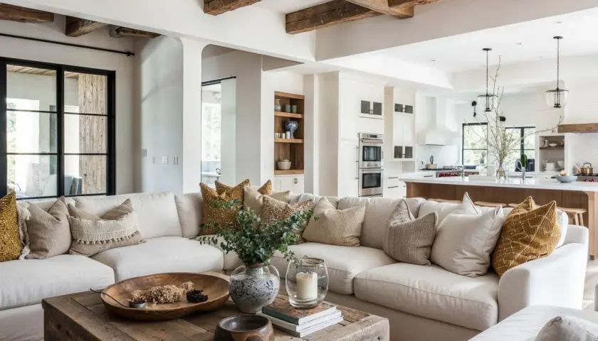 A cozy living room showcasing types of rustic interior design, featuring exposed wooden beams, a distressed coffee table, and textured neutral furnishings.