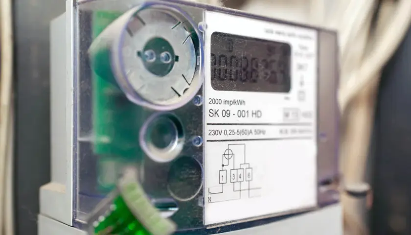 Cyfrowy licznik energii elektrycznej z widocznym wyświetlaczem i schematem podłączenia.