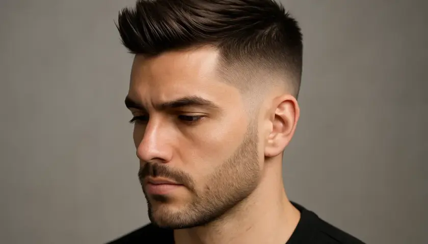 Man med snygg taper fade frisyr, mörkt hår upptill, kortklippt vid sidorna och nacken.