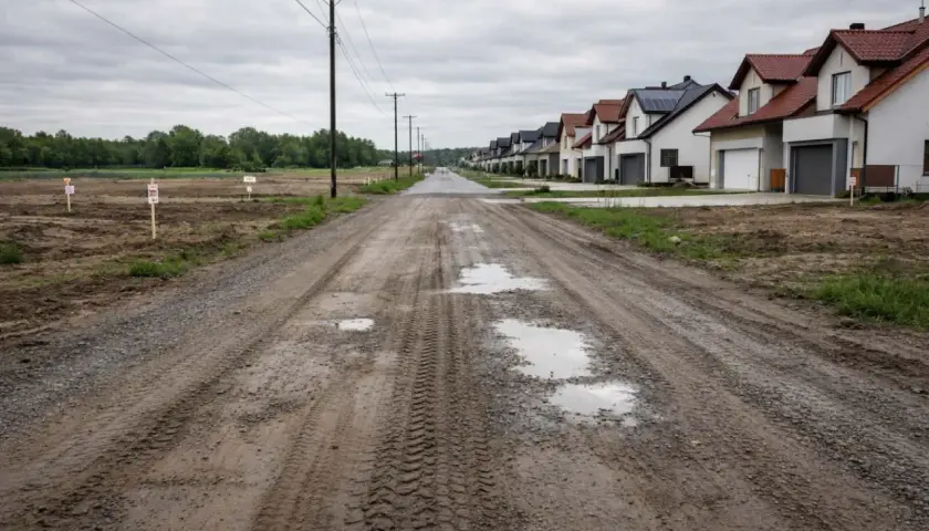 Błotnista droga polna prowadzi do szeregu nowych domów. Po lewej stronie widać niezabudowane działki z tabliczkami.
