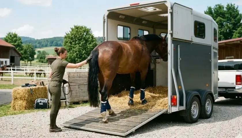 Frau lädt Pferd in Anhänger. Beachten Sie die Vorschriften für Pferde transportieren.