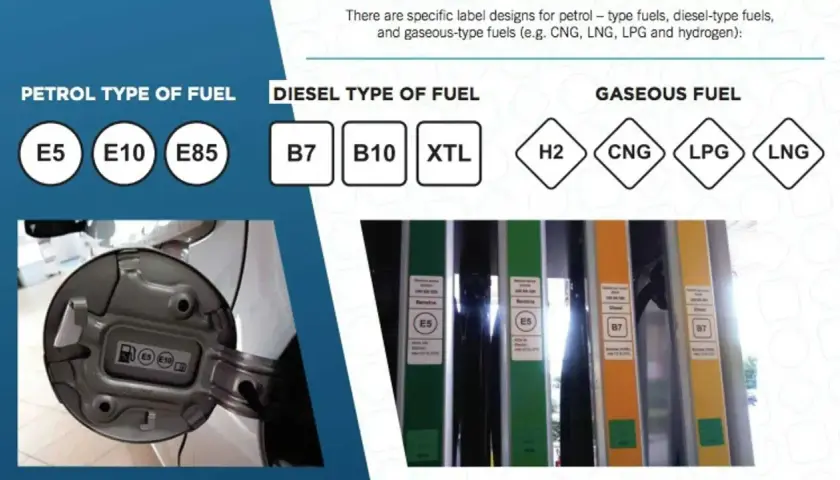 Etichette carburante: E5, E10, E85 per benzina; B7, B10, XTL per diesel; H2, CNG, LPG, LNG per gas.