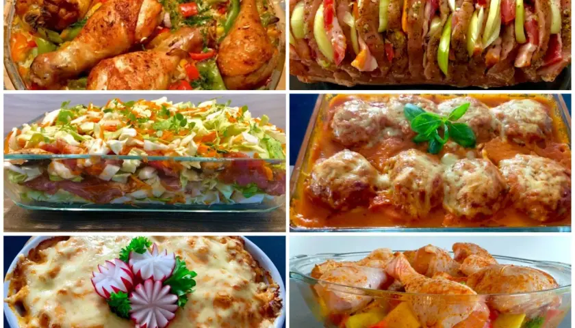 Pyszny obiad z piekarnika: pieczony kurczak, zapiekanka, klopsiki w sosie i pieczeń.