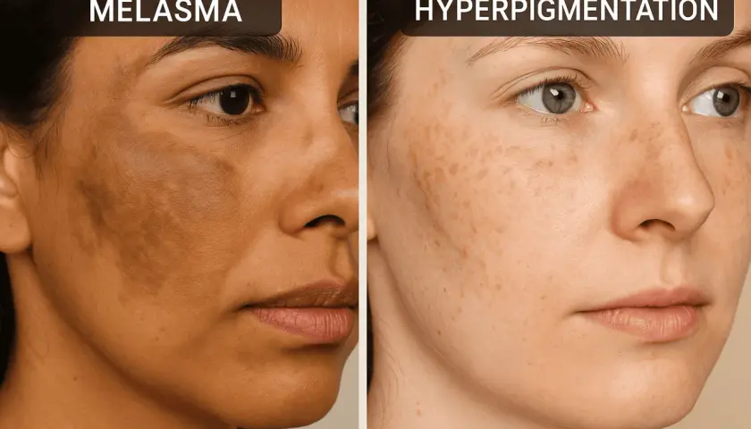Comparación de melasma, una condición de hiperpigmentación, en dos rostros.