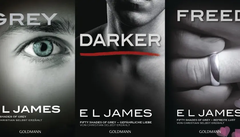 Drei Buchcover der Reihe "Fifty Shades of Grey": "Grey", "Darker" und "Freed" von E. L. James.