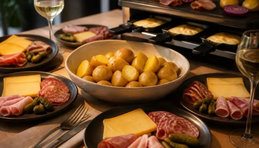 Un appareil à raclette chauffe, prêt pour un festin de pommes de terre, charcuterie et fromage. Une invitation à partager la raclette.