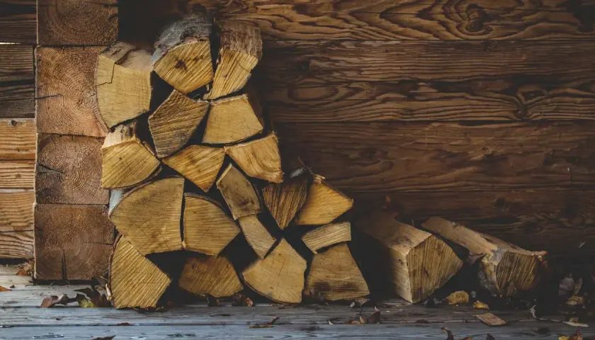 Gestapeltes Brennholz vor einer Holzwand. Die Frage, wie lange muss brennholz trocknen, beschäftigt jeden, der es für den Winter vorbereitet.