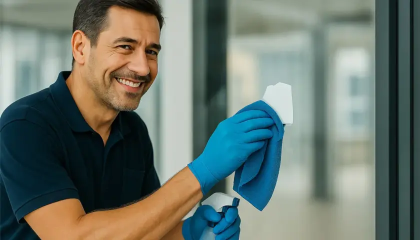 Uomo sorridente con guanti blu che pulisce una superficie metallica, usando uno spray e un panno per togliere etichette adesive dal metallo.