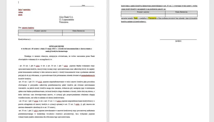 Sankcja kredytu darmowego - gotowy wzór oświadczenia do pobrania