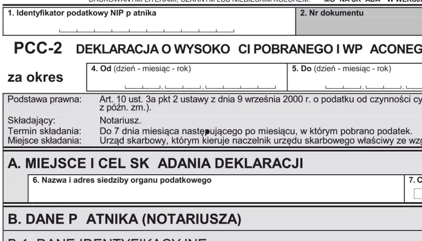 Deklaracja PCC-2 o wysokości pobranego podatku od czynności cywilnoprawnych. Formularz wypełnia notariusz.