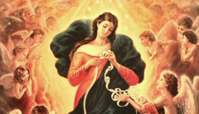 Mary, Rozwiązująca Węzły, z aniołami wokół, symbolizuje nadzieję i rozwiązanie problemów. Nowenna rozwiązująca węzły świadectwa.