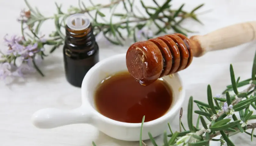 Un vasetto di vetro scuro, un cucchiaio di miele che cola e rametti di rosmarino fresco: ingredienti per un estratto di rosmarino fai da te.