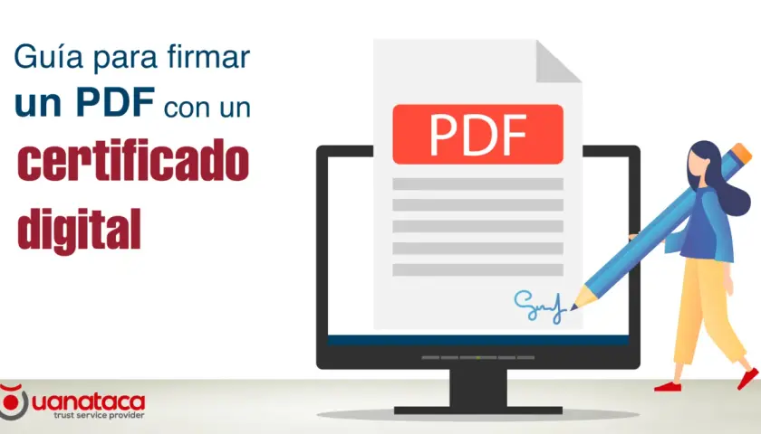 Guía para firmar un PDF con certificado digital. Una persona usa un lápiz gigante para estampar su e signature en un documento PDF en pantalla.