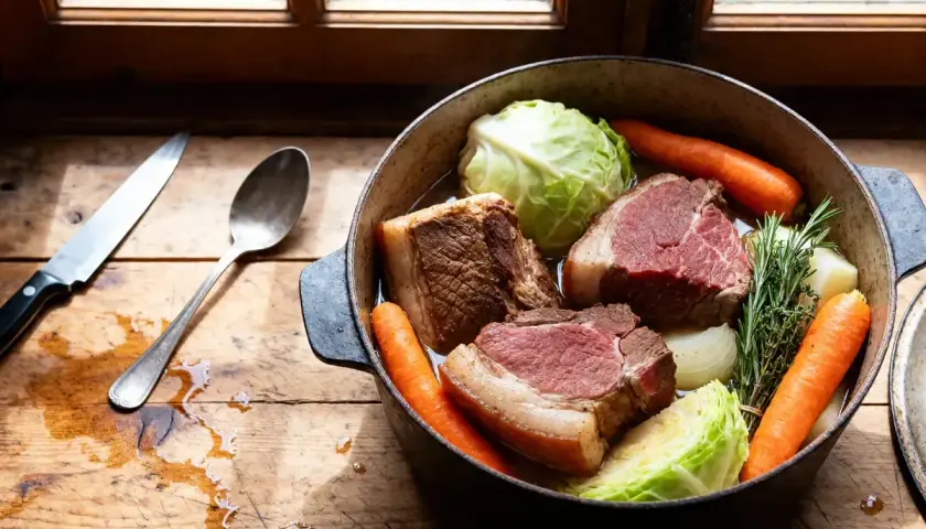Une cocotte de potee au chou avec des morceaux de bœuf, des carottes, des oignons et des herbes, prête à mijoter.