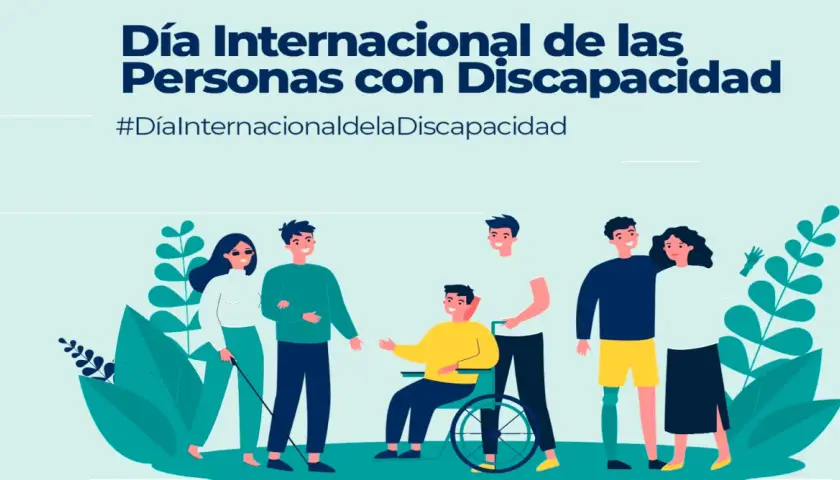 Cartel del Día Internacional de las Personas con Discapacidad. Ilustración de personas diversas, incluyendo una ciega, una en silla de ruedas y un hombre con prótesis.