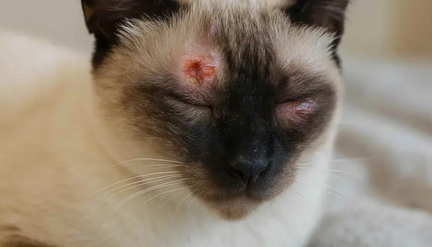 Gato siamés con irritación alrededor de los ojos, posible signo de enfermedades de los gatos.