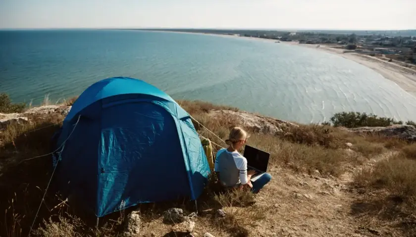 Niebieski namiot i osoba z laptopem na wzgórzu, z widokiem na spokojne, lazurowe morze. Idealny camping lazurowe wybrzeże.
