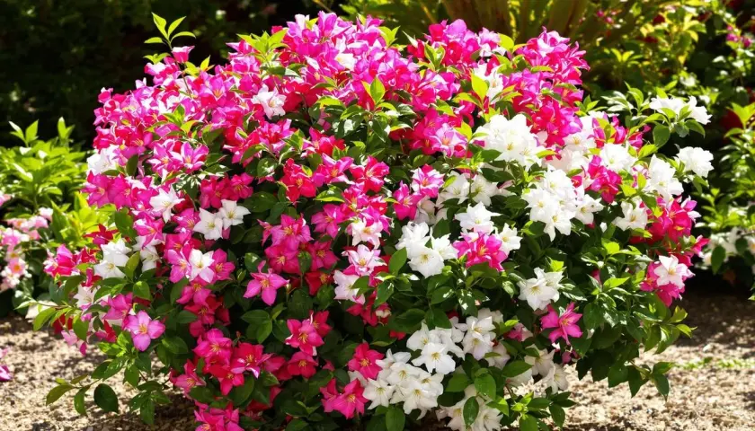 Un buisson de laurier rose en pleine floraison, avec des fleurs roses et blanches éclatantes. Un bon engrais a permis cette magnifique floraison.